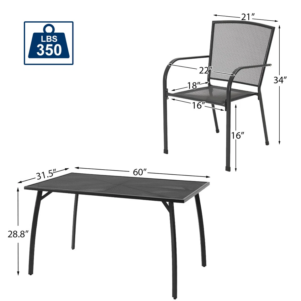 Juego de comedor de patio de metal de 5 piezas con mesa grande 4 sillas muebles de exterior gris Foto 4 de 4