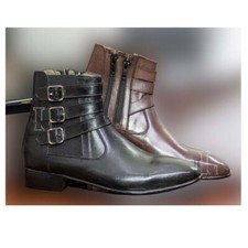 Handmade Men's High Ankle Genuine Leather Monk Strap Side Zipper  Boot, Sale !!!