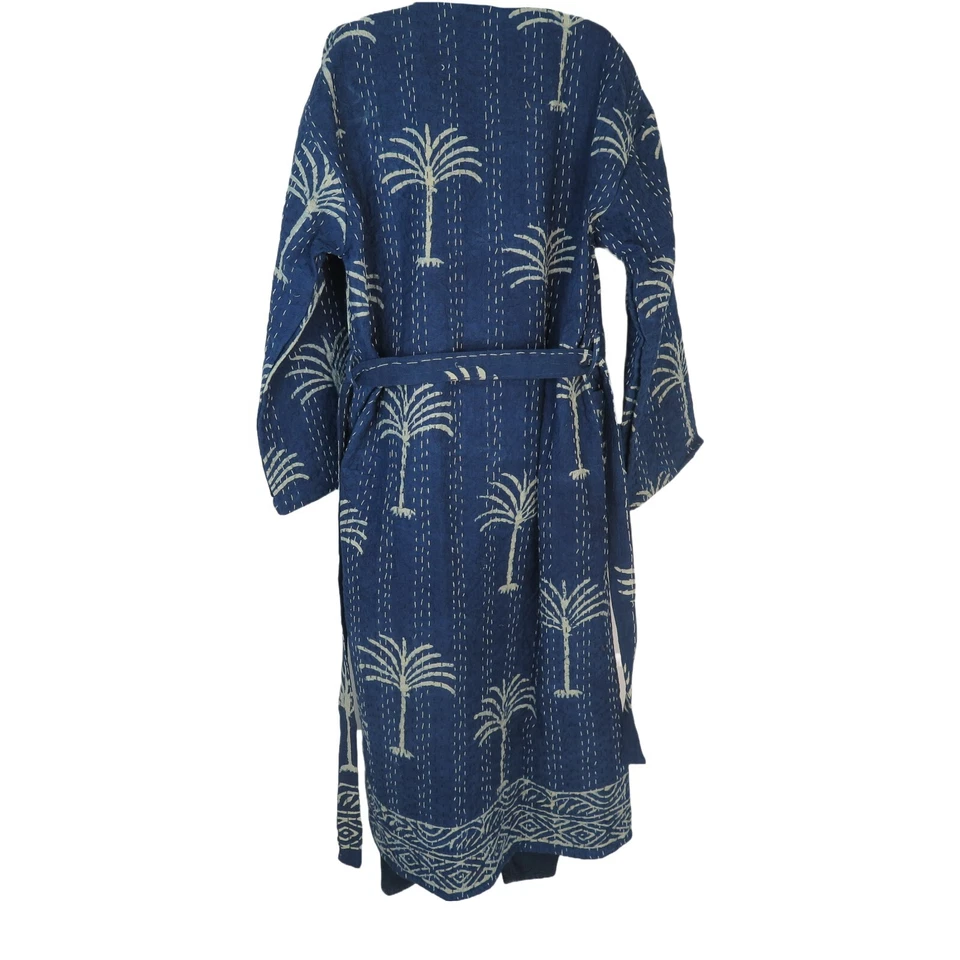 Faja manga algodón hecha a mano estilo Kantha kimono 2 bolsillos mujer L - XL azul Foto 3 de 4