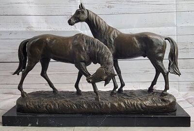 MASSIVE Equestrian Art Two Horses Loving Playing Bronze Marble Sculpture Figure