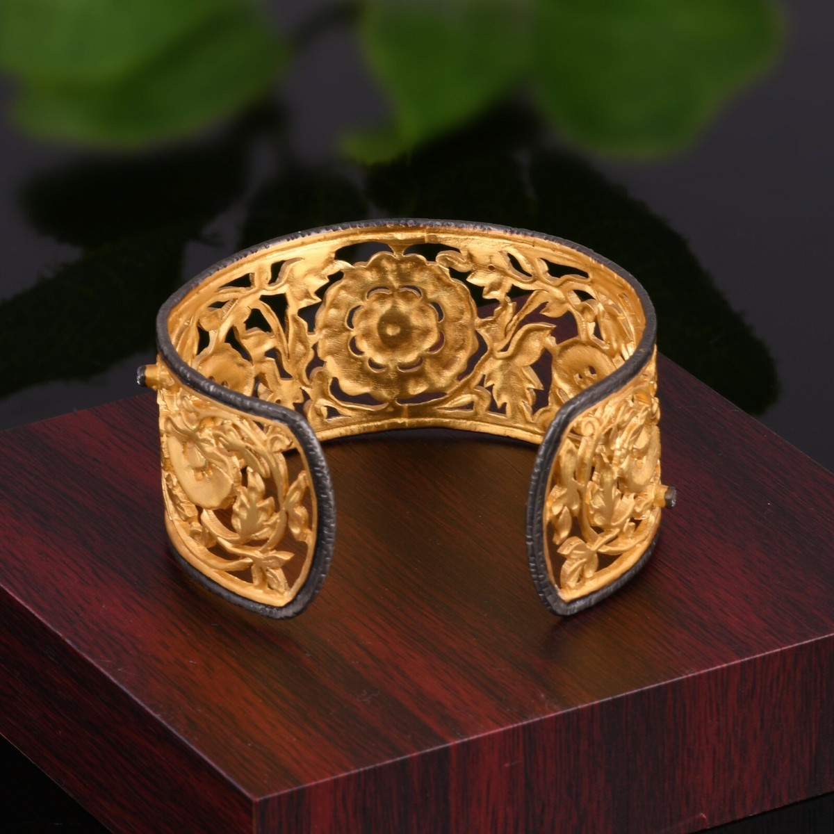 18K Gold Plated Flower Designer Wide CZ Cuff Bangle Women Wedding