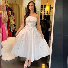 White Satin Applique Beach A-line Strapless Bespoke Occasion Gown Midi Dresses
