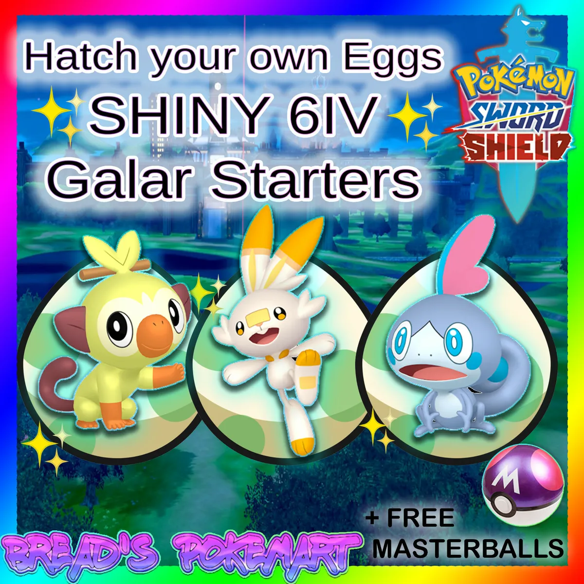 POKEMON SWORD and SHIELD ✨SHINY✨ 6IV Galar Starters! Hatch your own  +Masterballs