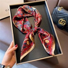 100 Mulberry Silk 27" Square Scarf Women Neckerchief Wrap Vintage Red Flower