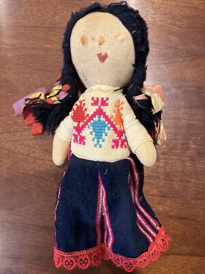 Antique Vintage Girl Doll Native American Indian Handmade Stitch Rag Doll  Button