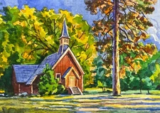 Watercolor Painting Landscape Autumn Forest Wooden House Fall Season ACEO No.126