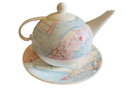 AYNSLEY Novelty Fine China Teapot & Plate Dogs Puppies Whimsical Dog Tea Pot NEW