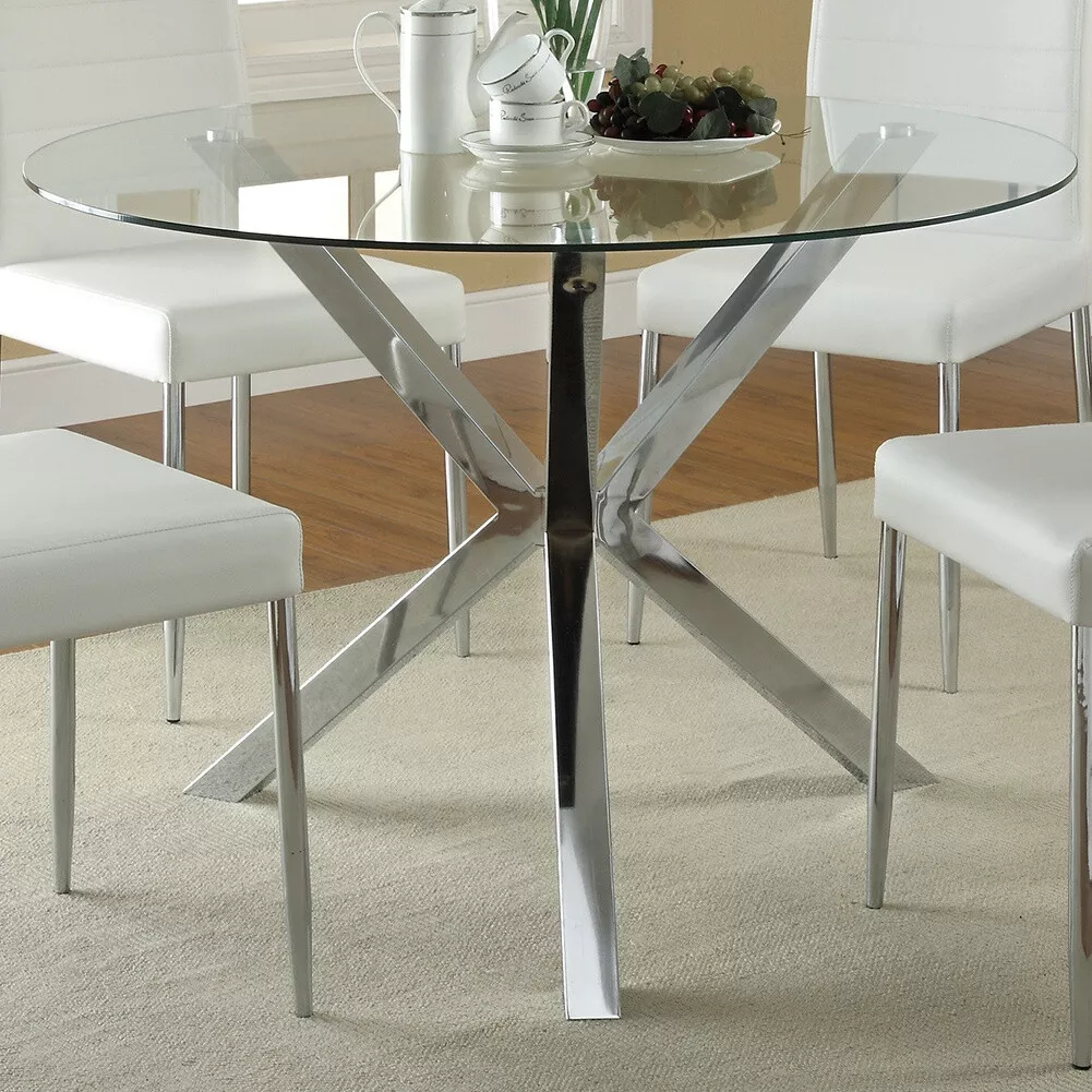 90cm Dining Table Home Furniture Tempered Glass Top Cross Metal Legs Coffee Desk