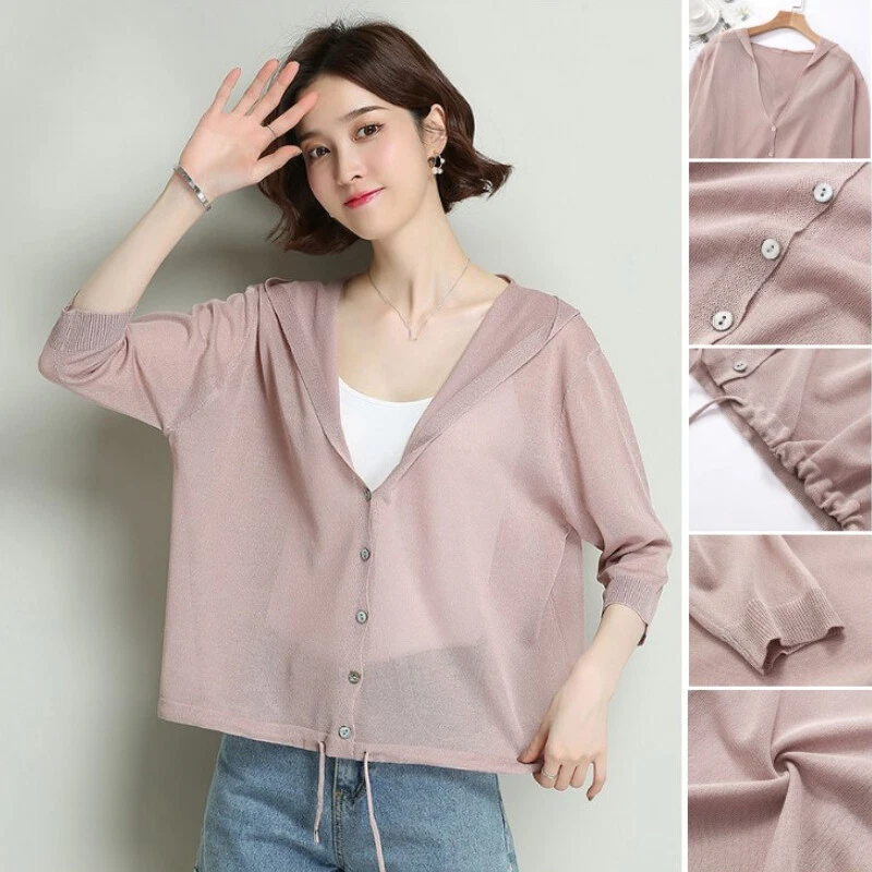 Lady Casual Linen Blend Knitted Hooded Cardigan Cropped Thin Sweater 3 4 Sleeve