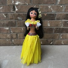 Vintage 1960 Big Blue Eyed Hula Girl Hawaiian Pose Doll Cloth Japan 15  