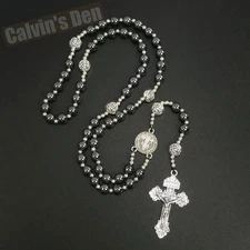St Benedict Rosary Necklace Black Hematite Bead Five Decade Crucifix Cross Gift