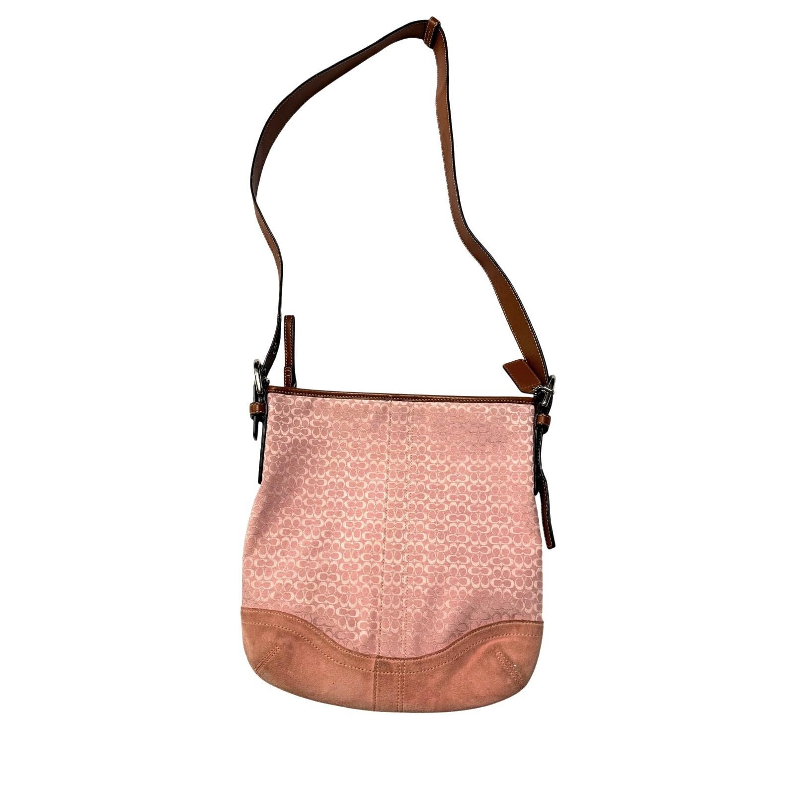 Coach Pink Signature Jacquard bag Suede Trim Leather Strap Shoulder Purse Y2K