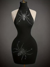 Small. Sexy Black Sleek Backless Halter RHINESTONE SPIDER Mini Dress Bodycon
