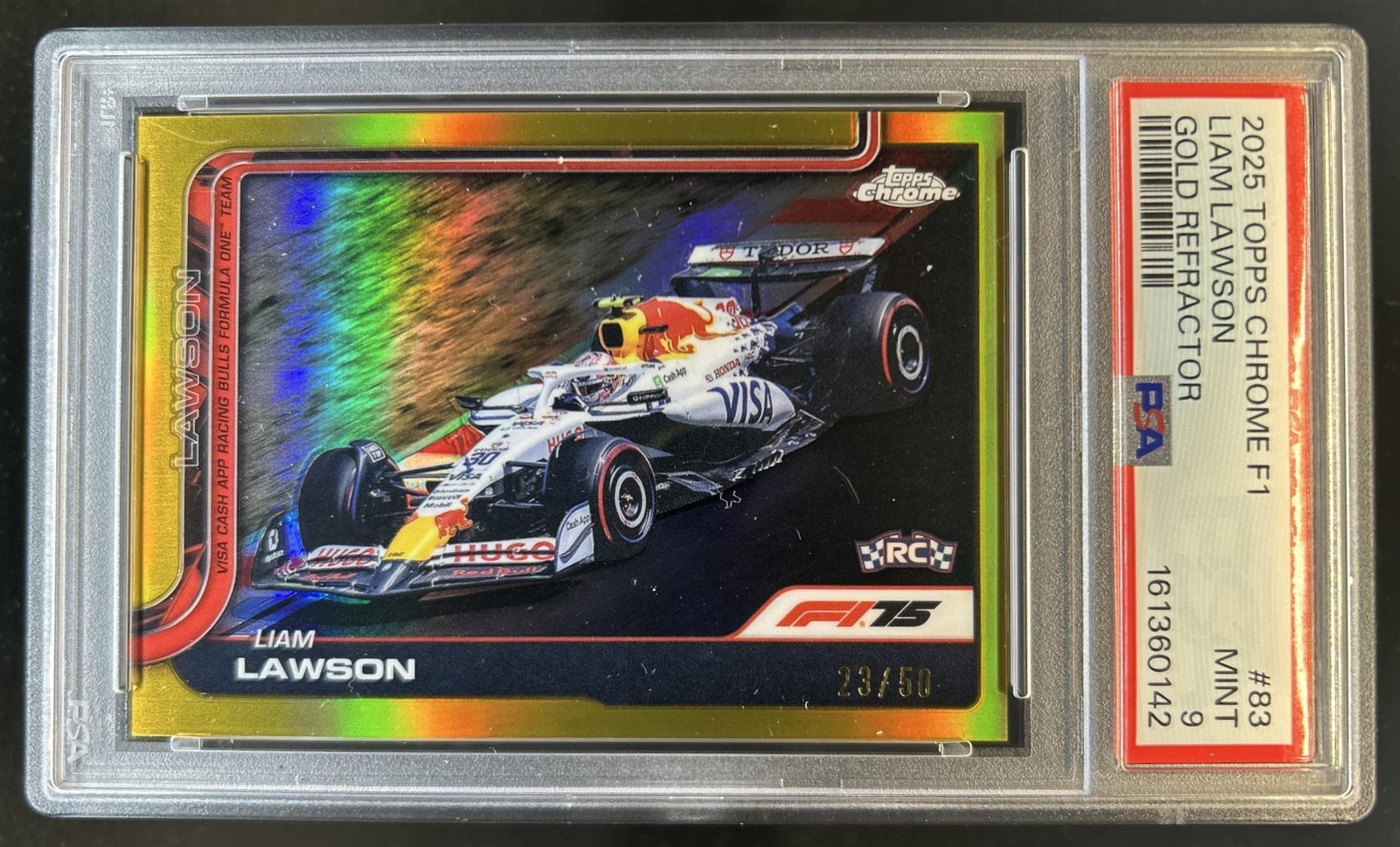 2025 Topps Chrome F1 Liam Lawson Gold Refractor F1 Car RC #/50 PSA 9