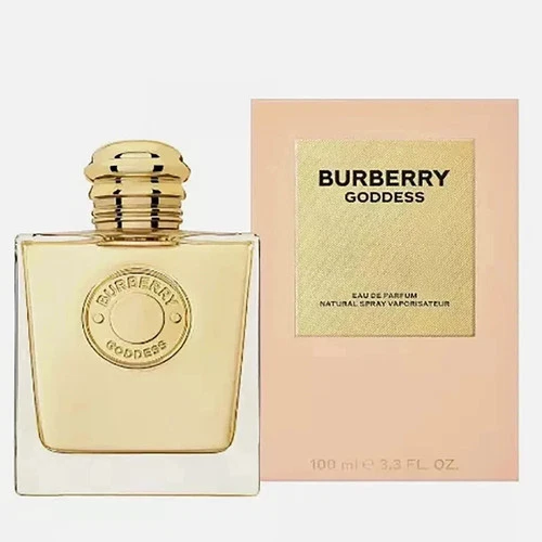 Gold bottle of Burberry Goddess EDP Spray 3.3 oz /100 ml with white cap, black trim, and fruity-floral scent.