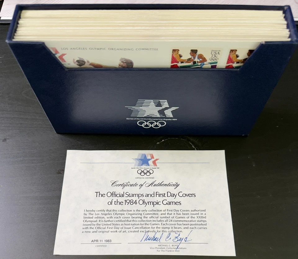 Commemorative Box Set 1984 Olympic Games-24 Official Stamps on 20 FDC’s-Info/COA - Image 3 of 4