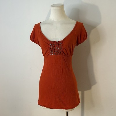 Y2K Beaded Babydoll Top Fairycore Hippie 36-39 Inch Bust Burnt Orange