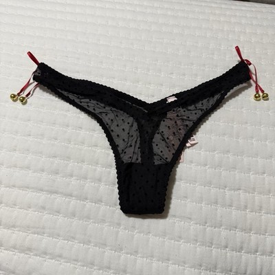 Jiggle Bells Victoria's Secret Black Polka Dot High Leg Thong S Small Christmas
