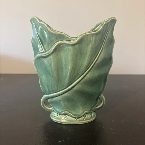 McCoy Brush Pottery Olive Green Wrapping Leaf Vase #604 8x3.25×6"