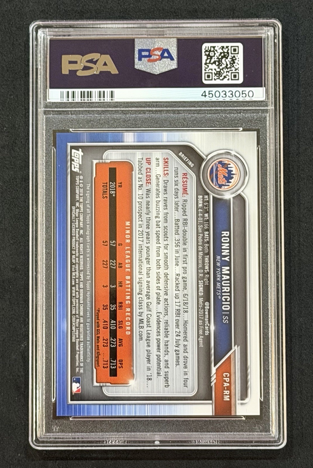 2019 Bowman #CPA-RM Ronny Mauricio Chrome Auto 1st Prospect PSA 10 view 2