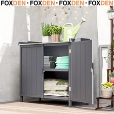 Garden Storage Cabinet Potting Bench Table w/ Galvanized Top & Two Shelves Grey