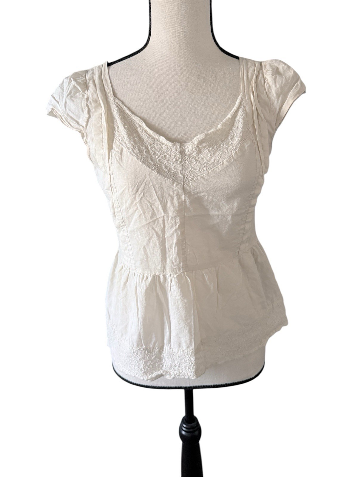 Tulle White Embroidered Corset Accent Pleated Blouse Cottagecore Size Small