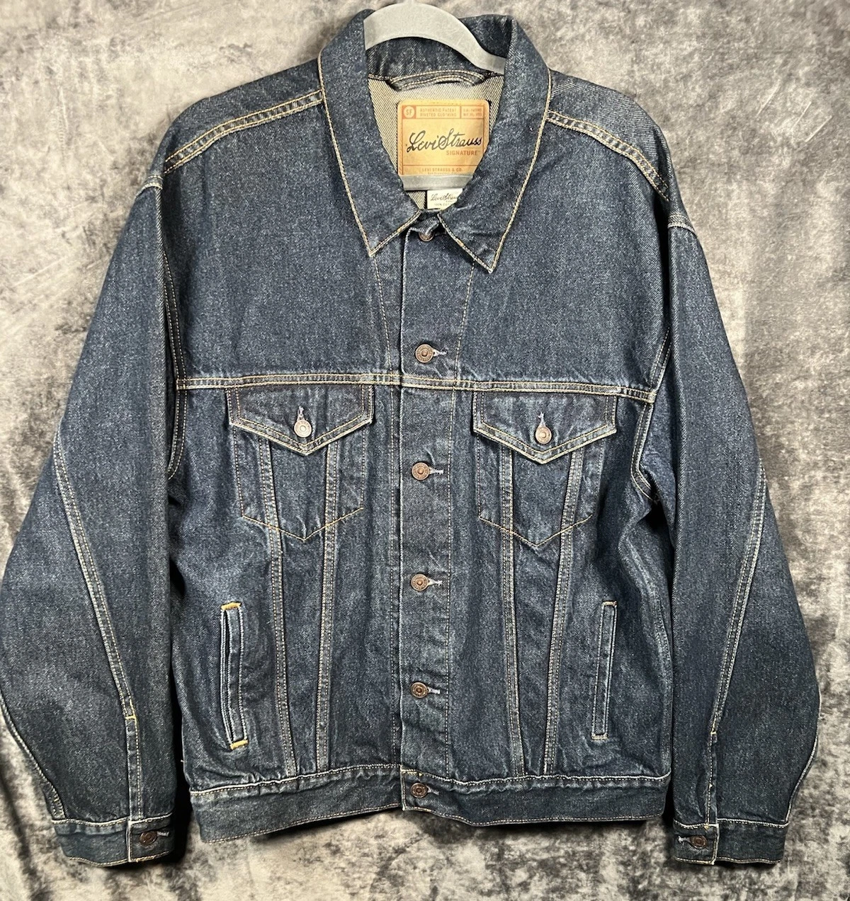 Levi Strauss Signature Denim Trucker Jacket Mens L Blue Jean Dark Wash Cotton