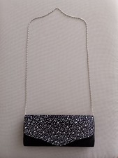 Black Satin Envelope Evening Clutch Purse Bag with Rhinestones Detachable Chain