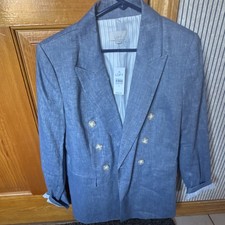 LOFT Blue Linen Cotton Blend Double-Breasted Peak Lapel Blazer Women's Size 6