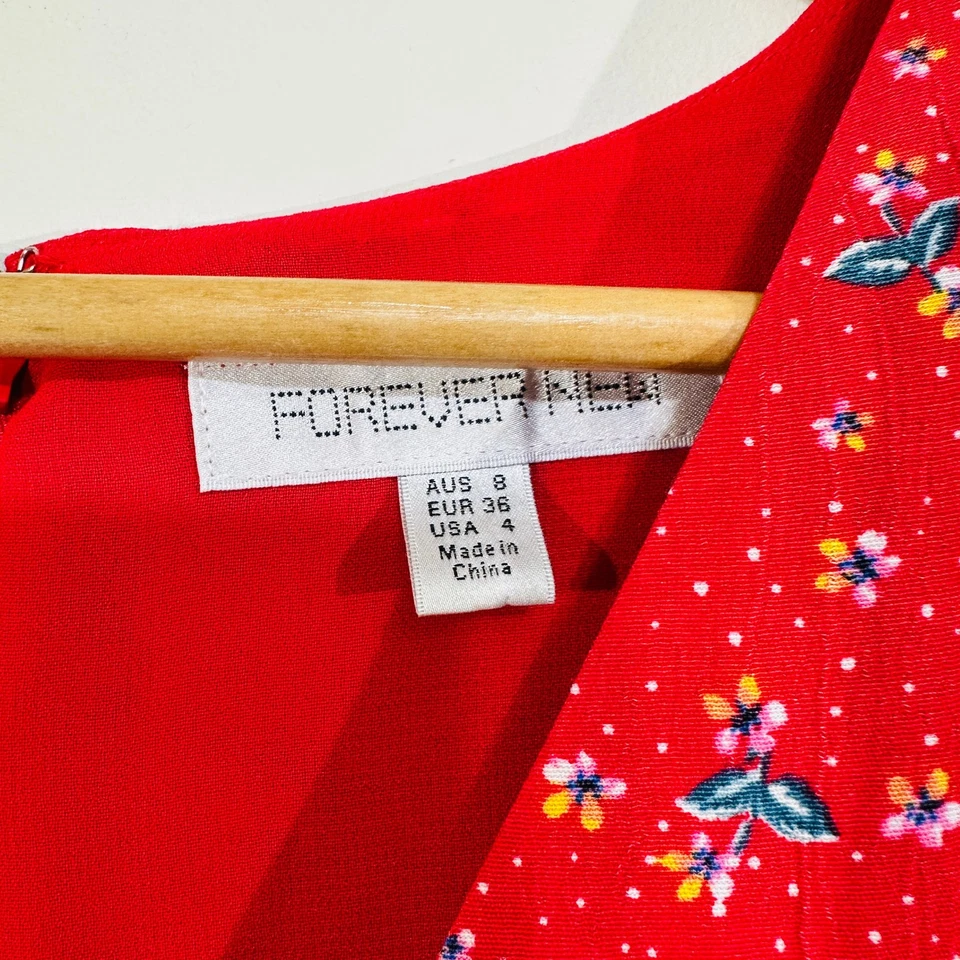 Forever New Floral Mini Dress Red Small Detail V-Neck Ruched Waist Fit & Flare - image 2 of 4