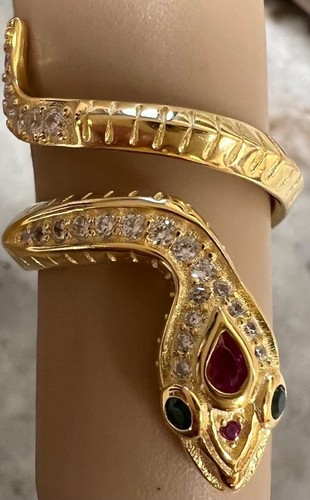 Genuine Ruby Diamond Emerald Coiled Snake Ring 14K Yellow Gold on solid 925 coil - Picture 14 of 16