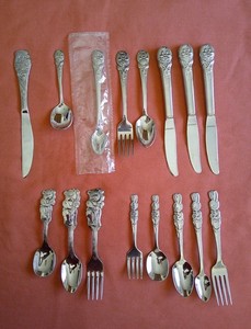16 Pcs. Childs Babys Stainless Flatware Peter Rabbit, Humpty Dumpty, Cubby Bear