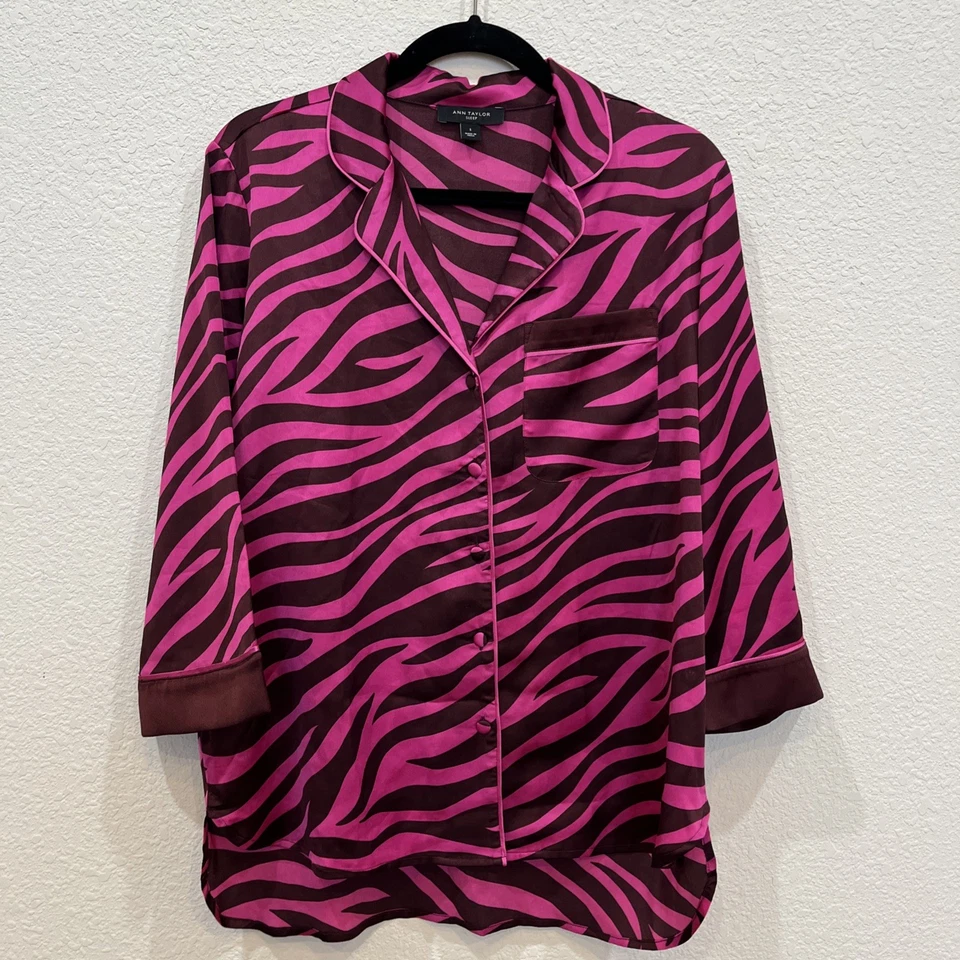 Pijama Estampado Cebra S/M Rosa Caliente/Púrpura Satén Sedoso Ann Taylor Glam Lujo ¡LEER! Foto 4 de 4