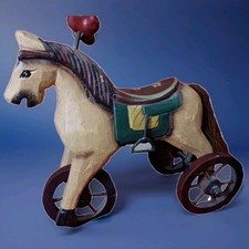 TOY WOODEN HORSE PRIMITIVE STYLE Hand Crafted Tricycle 9"
