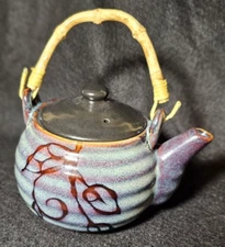 TEA POT Simple Dining Fine STONEWARE Teal & Brown Bamboo Handle Chinese Pottery