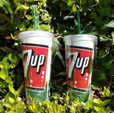 Set of 2 Retro 7 Up Acrylic Tumblers BPA -Free 20 Oz.Double-Walled NOS From 2003