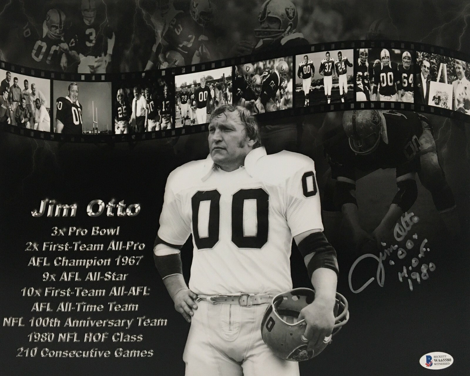 Jim Otto Autographed Signed Oakland Raiders 11x14 Photo w/ "HOF 1980" BAS Beckett Witnessed 