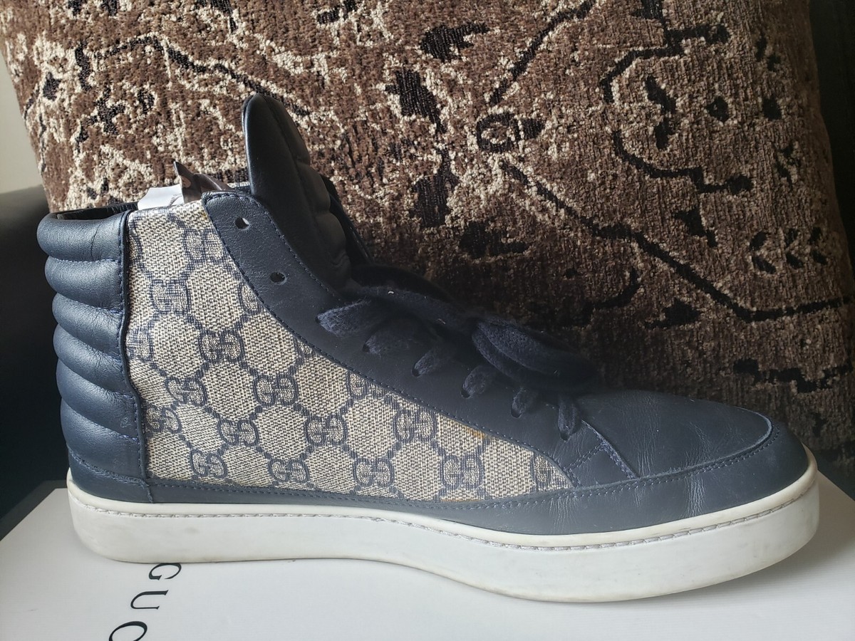GUCCI GG Supreme Hi Top Sneaker Navy Blue & Brown Canvas Men
