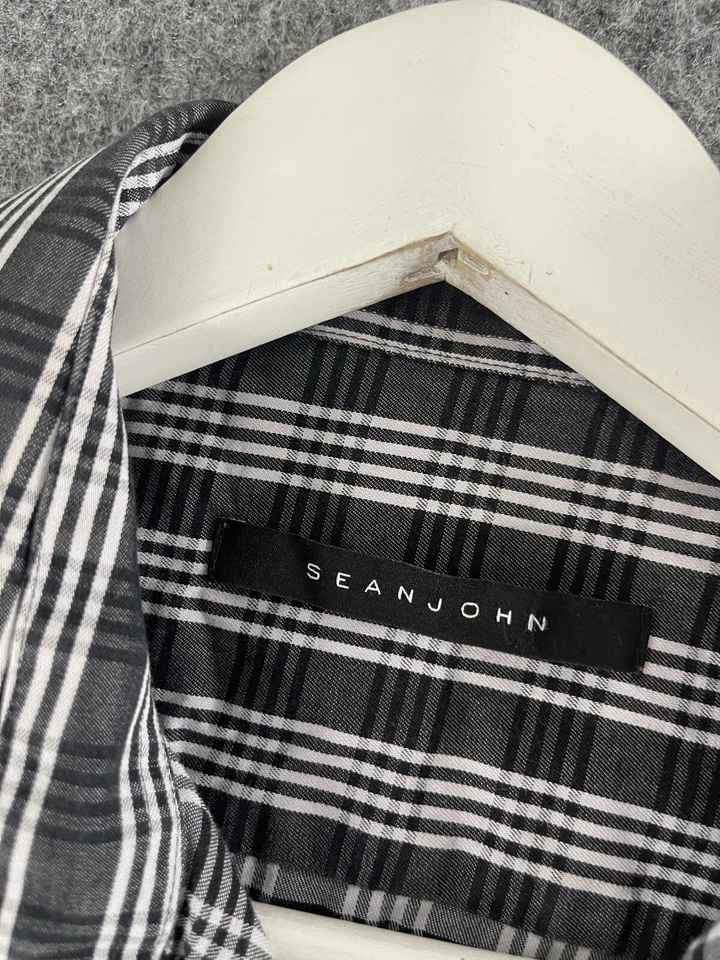 Camisa de vestir Sean John para hombre 16,5 36/37 gris a cuadros abotonados N331 Foto 3 de 4
