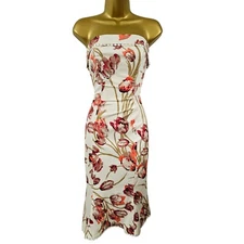 KAREN MILLEN 10 UK Vintage Ivory Coral Tulip Flower Print Chelsy Corset Dress