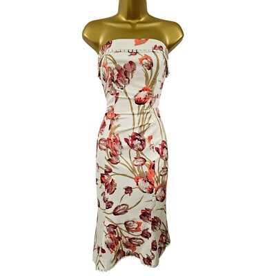 Karen Millen 10 UK Vintage Elfenbein Koralle Tulpe Blumendruck Chelsy Korsett Kleid