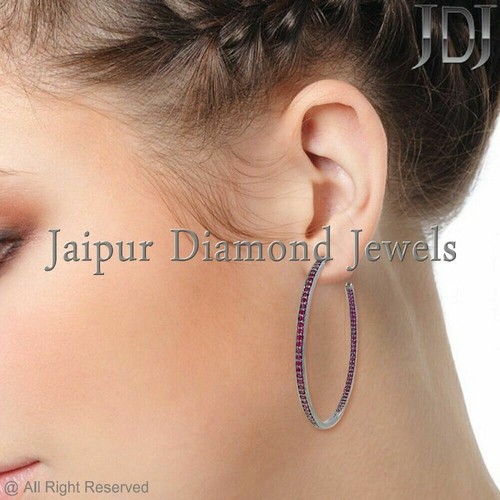 Hoop Earring Natural Ruby Gemstone 925 Silver Jewelry Birthstone Women Earring - Picture 2 of 5