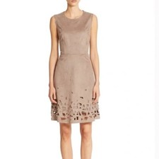ELIE TAHARI SZ 6 MOCHA Beige FAUX SUEDE  LASER CUT Sheath DRESS