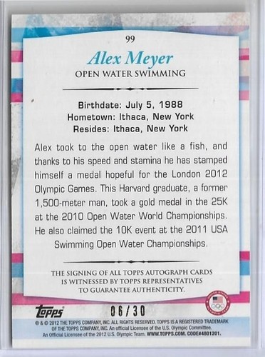 2012 TOPPS OLYMPIC ALEX MEYER AUTOGRAPH SILVER CARD #99 ~ 06/30 ~ USA SWIMMING - Picture 2 of 2