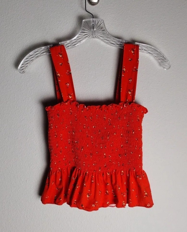 Urban Outfitters Orange Floral Smocked Cropped Peplum Tank Top Medium