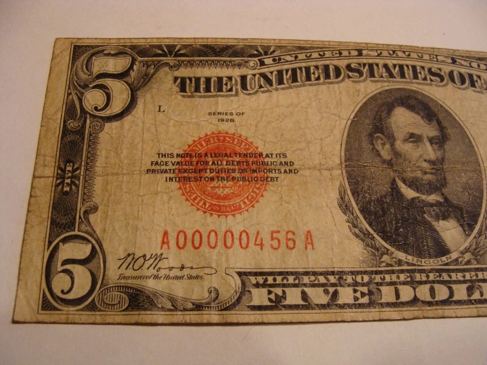 1928 $5 Nota de Selo Vermelho dos Estados Unidos - Número de série # A00000456A - Imagem 2 de 4
