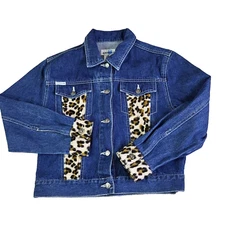 Gasoline Womens M Blue Denim Jacket Cropped Leopard Print Panels Button Front