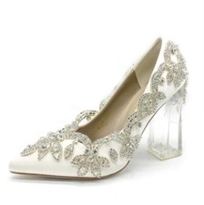 Womens Silk Satin Pointy Toe Diamante Crystal Block Heel Pump Wedding Shoes
