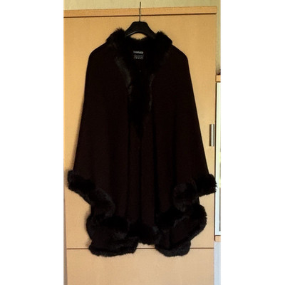 Passigatti Damen Poncho,  Fellbesatz, elegant, ganz dunkelbraun, fast schwarz 