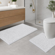 2 Piece Set White Soft Cozy Plush Chenille Bath Mat Bathroom Rug